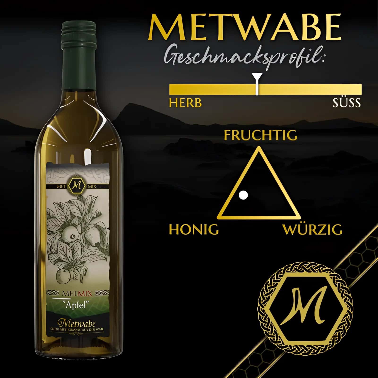 Eine klare glasflasche metwabes apfel-met-mix mit grünem schraubverschluss und botanischem etikett als leckere apfelig-fruchtige alternative