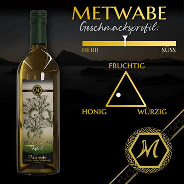 Eine klare glasflasche metwabes apfel-met-mix mit grünem schraubverschluss und botanischem etikett als leckere apfelig-fruchtige alternative