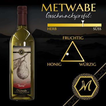Eine klare glasflasche met mix birne weißwein mit maronfarbener folie und birnenillustration auf dem etikettt