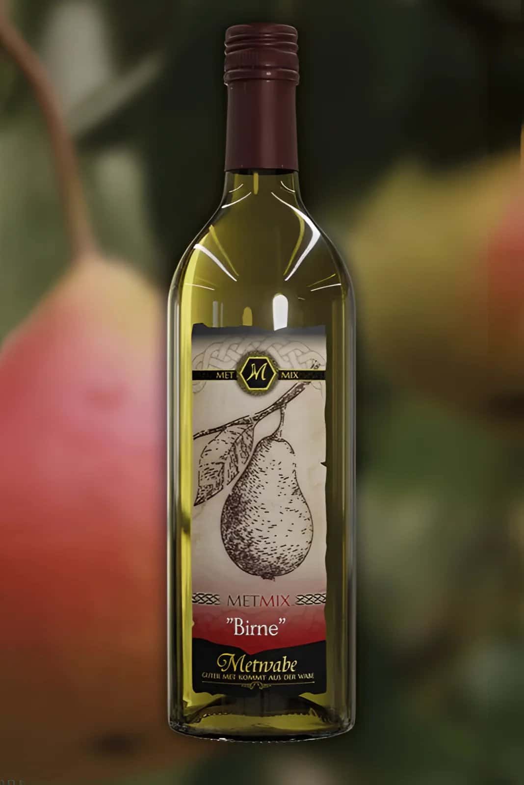 Eine klare glasflasche mit met mix birne weißwein 0,75l 8%vol mit maronenfarbener folie und birnenillustration