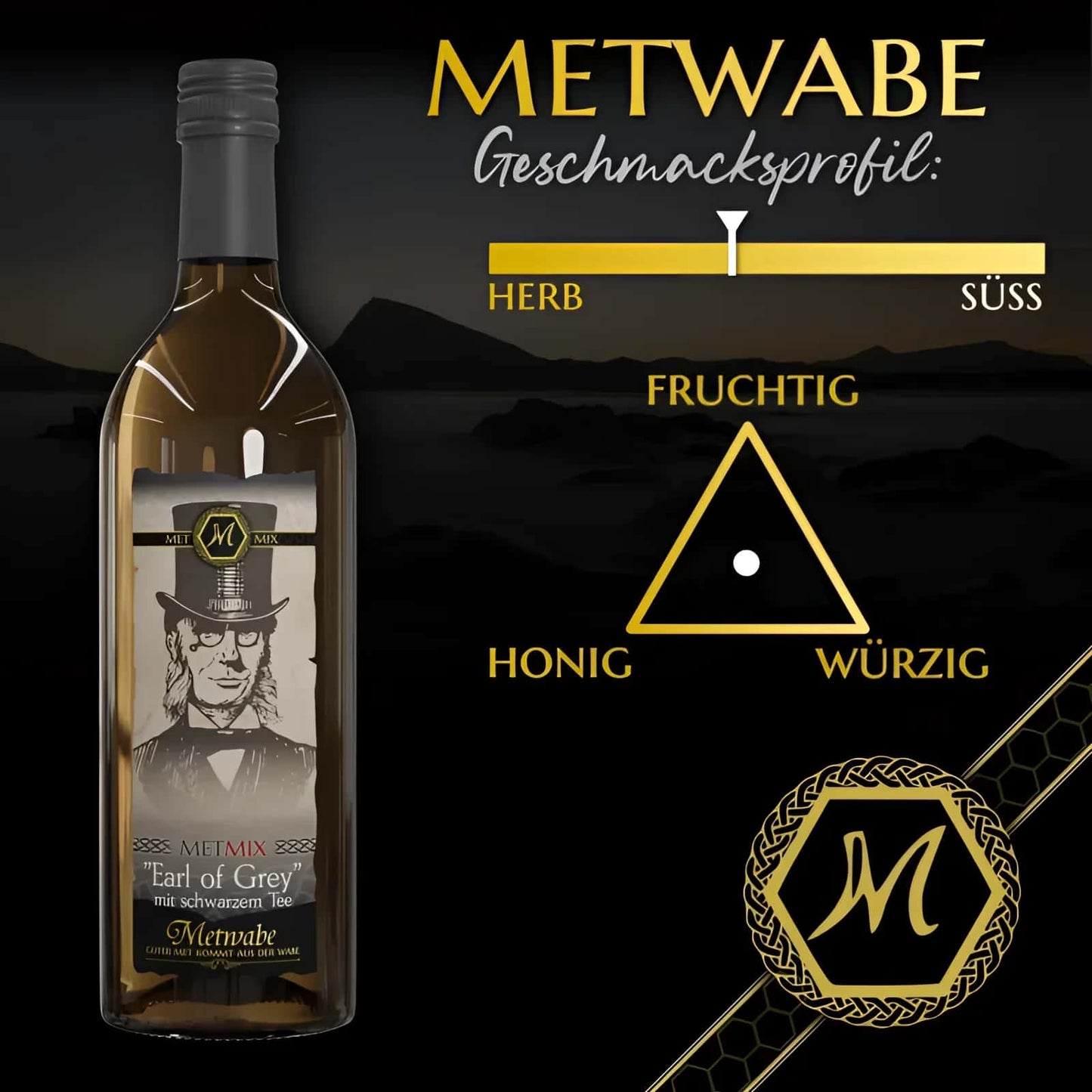 Eine klare glasflasche metwabe earl grey teewein mit schwarzem deckel und etikett zur englischen tea-time zelebrieren