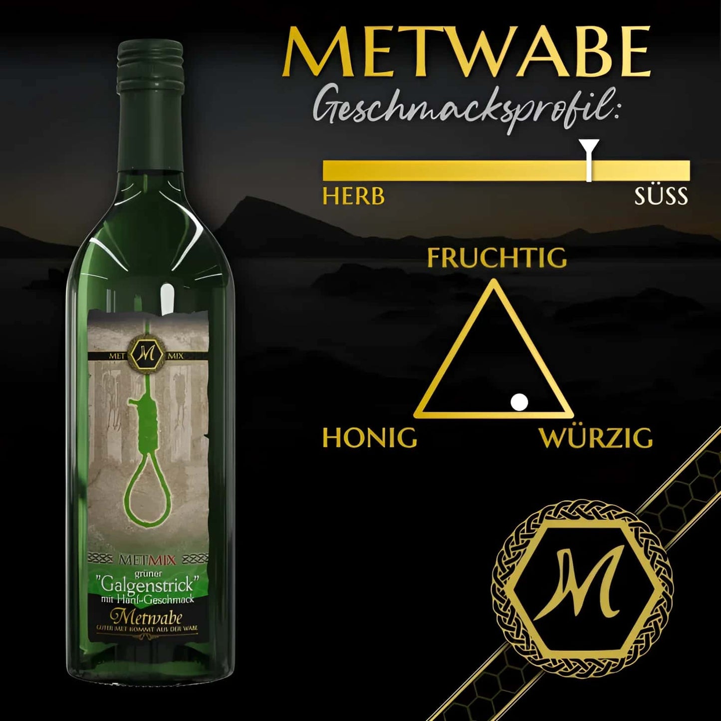 Grüner met mix mit intensiver grünfärbung und außergewöhnlichem geschmack in 0,75l flasche mit galgenstrick-label