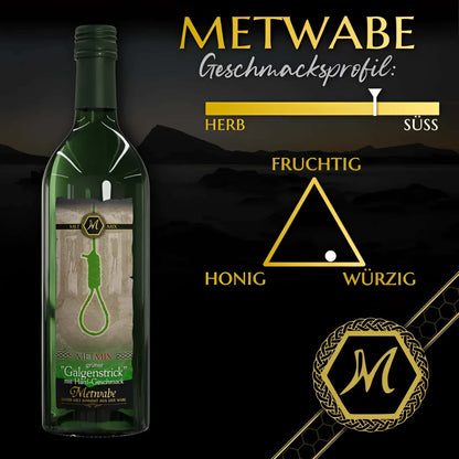 Grüner met mix mit intensiver grünfärbung und außergewöhnlichem geschmack in 0,75l flasche mit galgenstrick-label