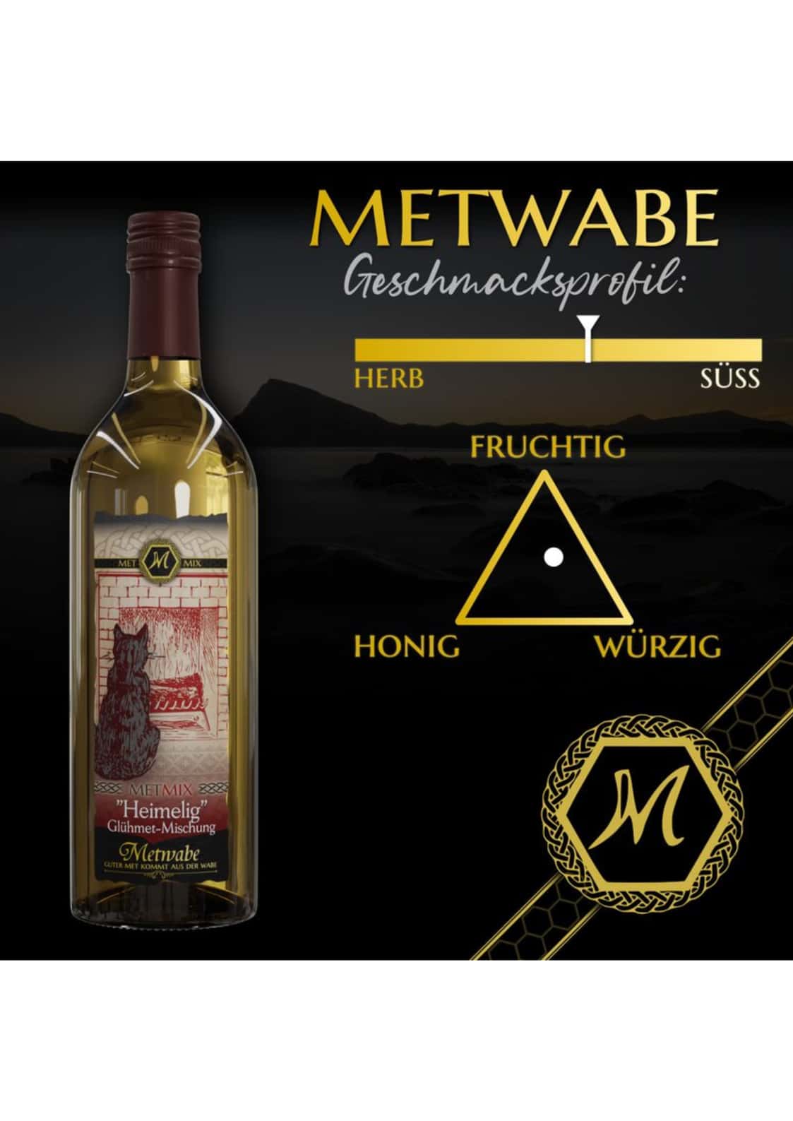 Eine klare glasflasche met metwabe heimelig weißwein mit maronem folie und etiket mit schwarzer katze auf rotem gothic muster