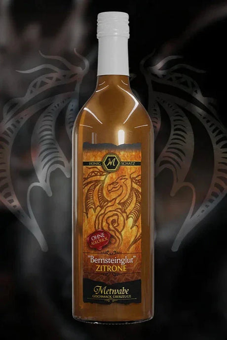 Bernsteinfarbene Flasche mit ’Bernsteinglur’ Zitrone.