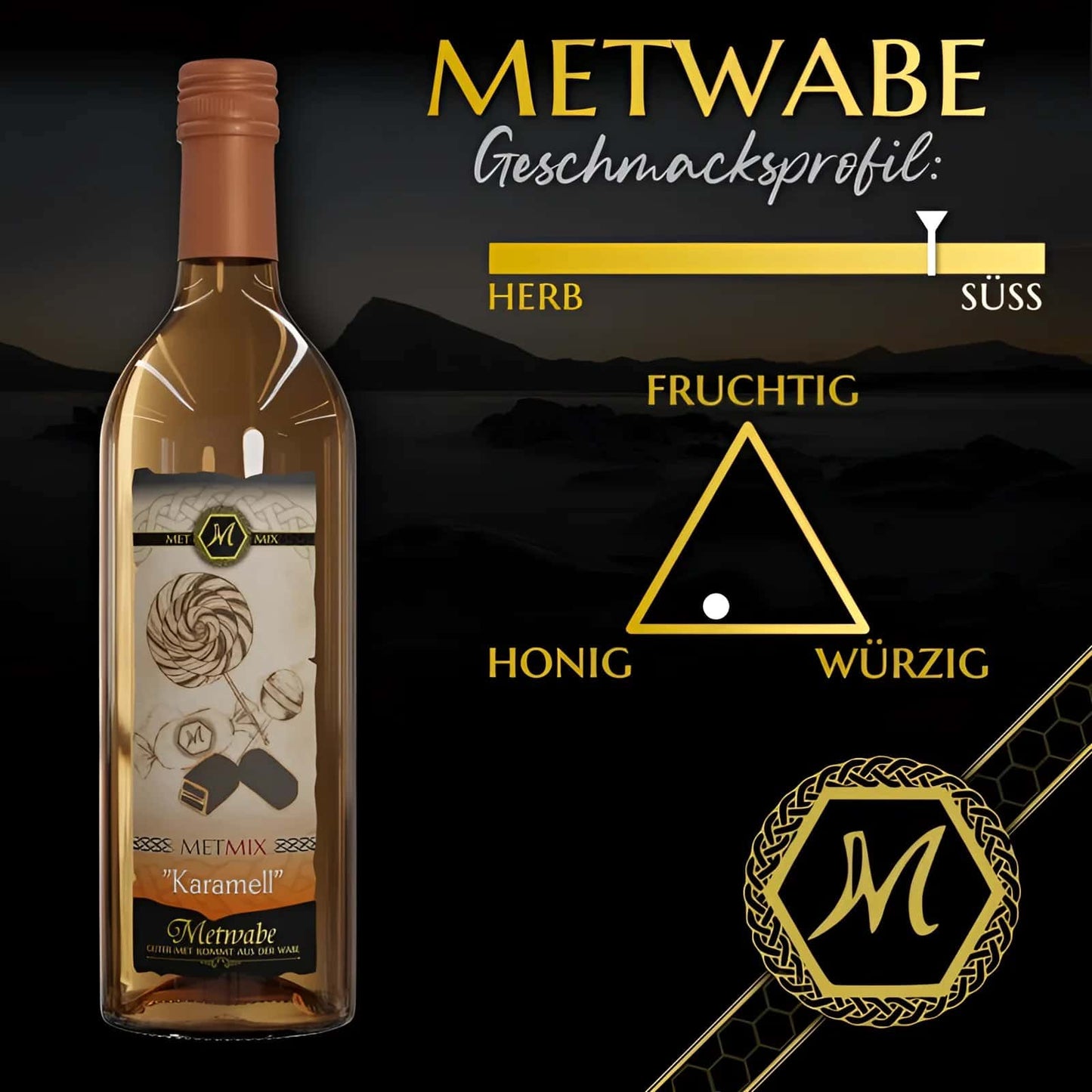 Eine klare glasflasche mit kupferfarbenem verschluss und etikett mit zuckerillustrationen enthält metwabe karamell sirup met mix karamell 075l 6%vol met gothic horror