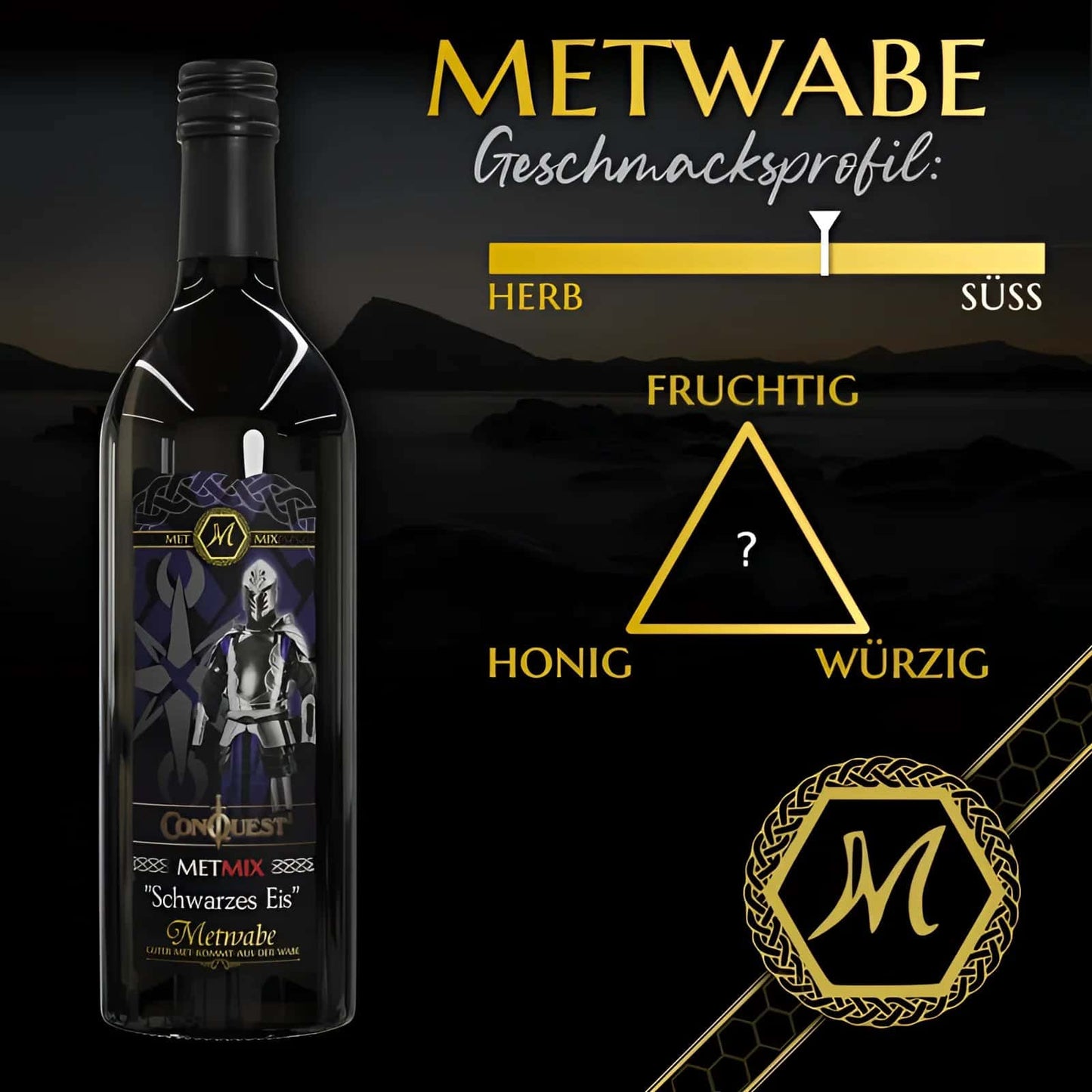 A dark glass bottle of met mix schwarzes eis wine with black foil cap and knight label for live adventure conquest of mythodea