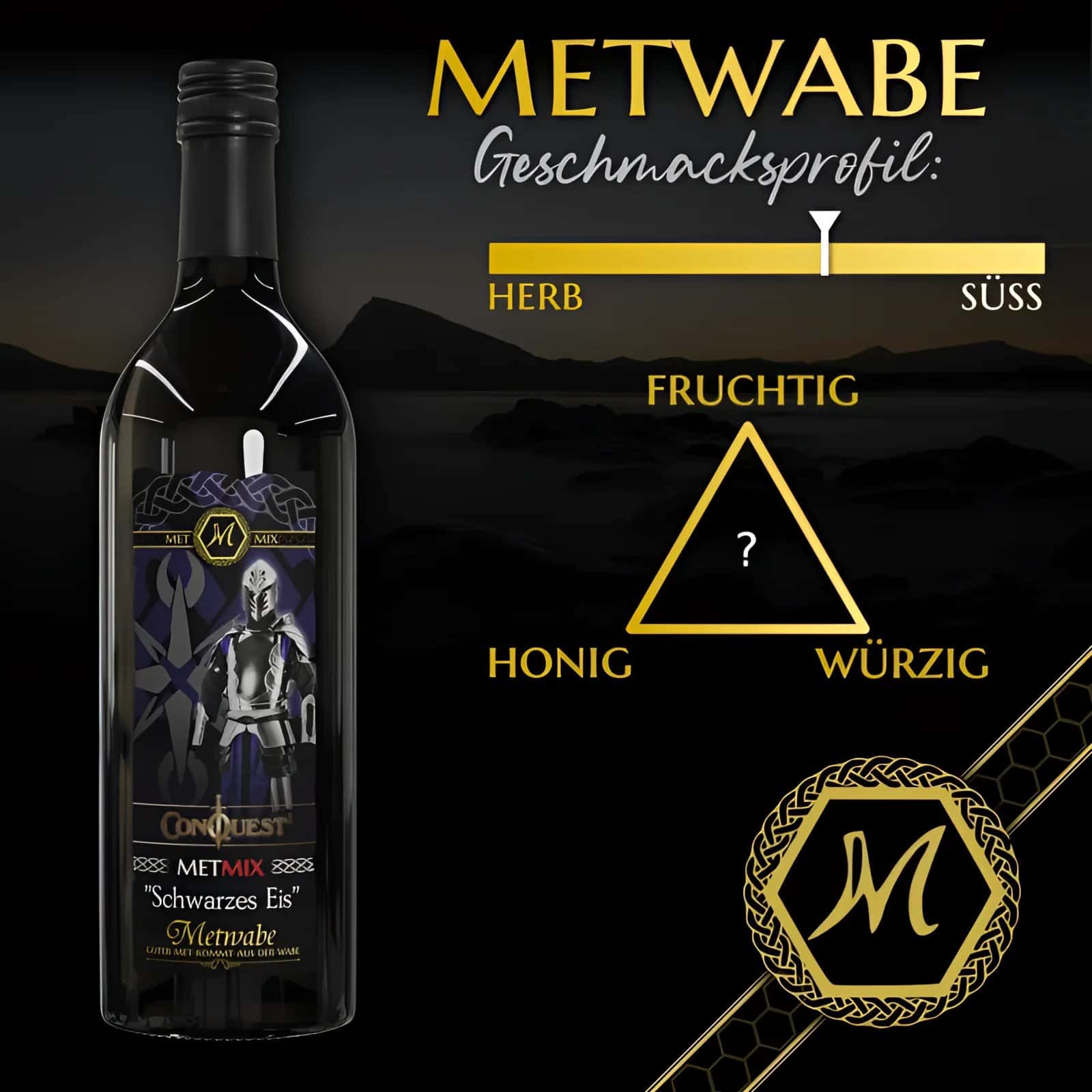 A dark glass bottle of met mix schwarzes eis wine with black foil cap and knight label for live adventure conquest of mythodea