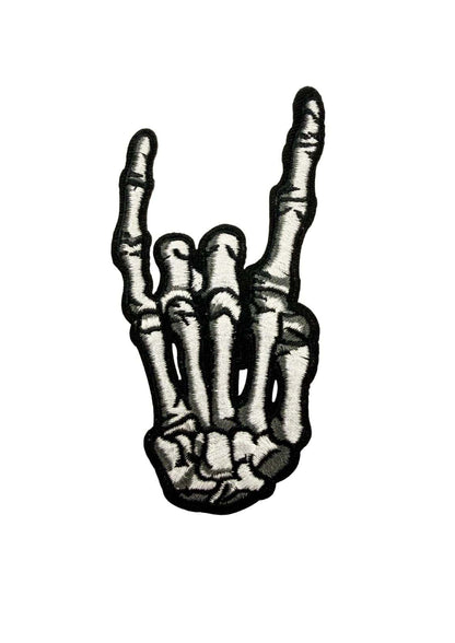 Schwarzer und weißer Patch Metal Bone: Skeletthand mit Rock on Geste, gothic Horror