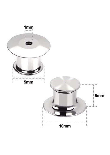 Zwei silberfarbene Metall-Anstecknadeln mit präzisen Abmessungen zur Befestigung.