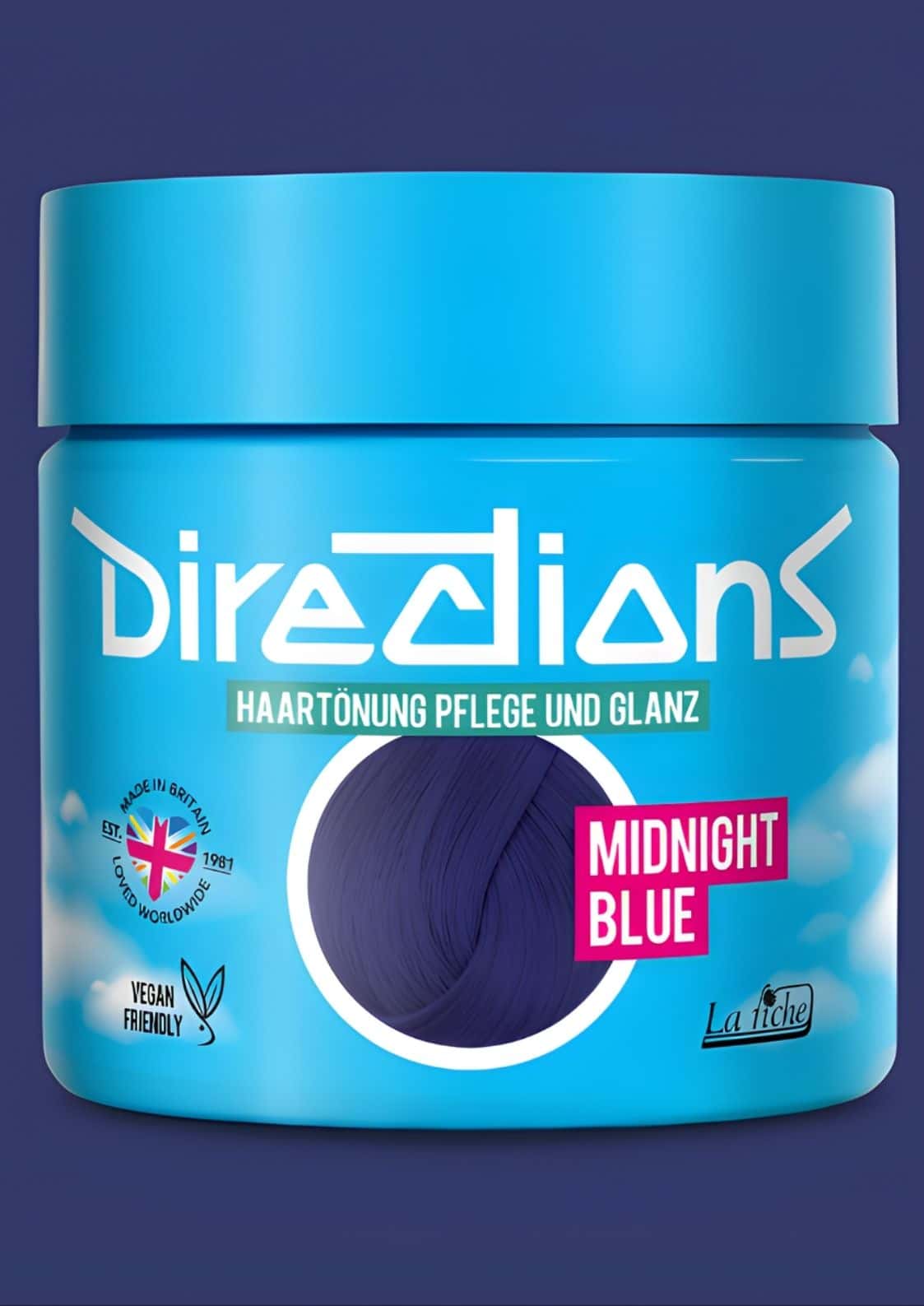 Ein lebendiger blauer zylinderförmiger jar midnight blue directions 100ml haartönung mit pflegeformel für natürliches haar in tiefes nachtblau