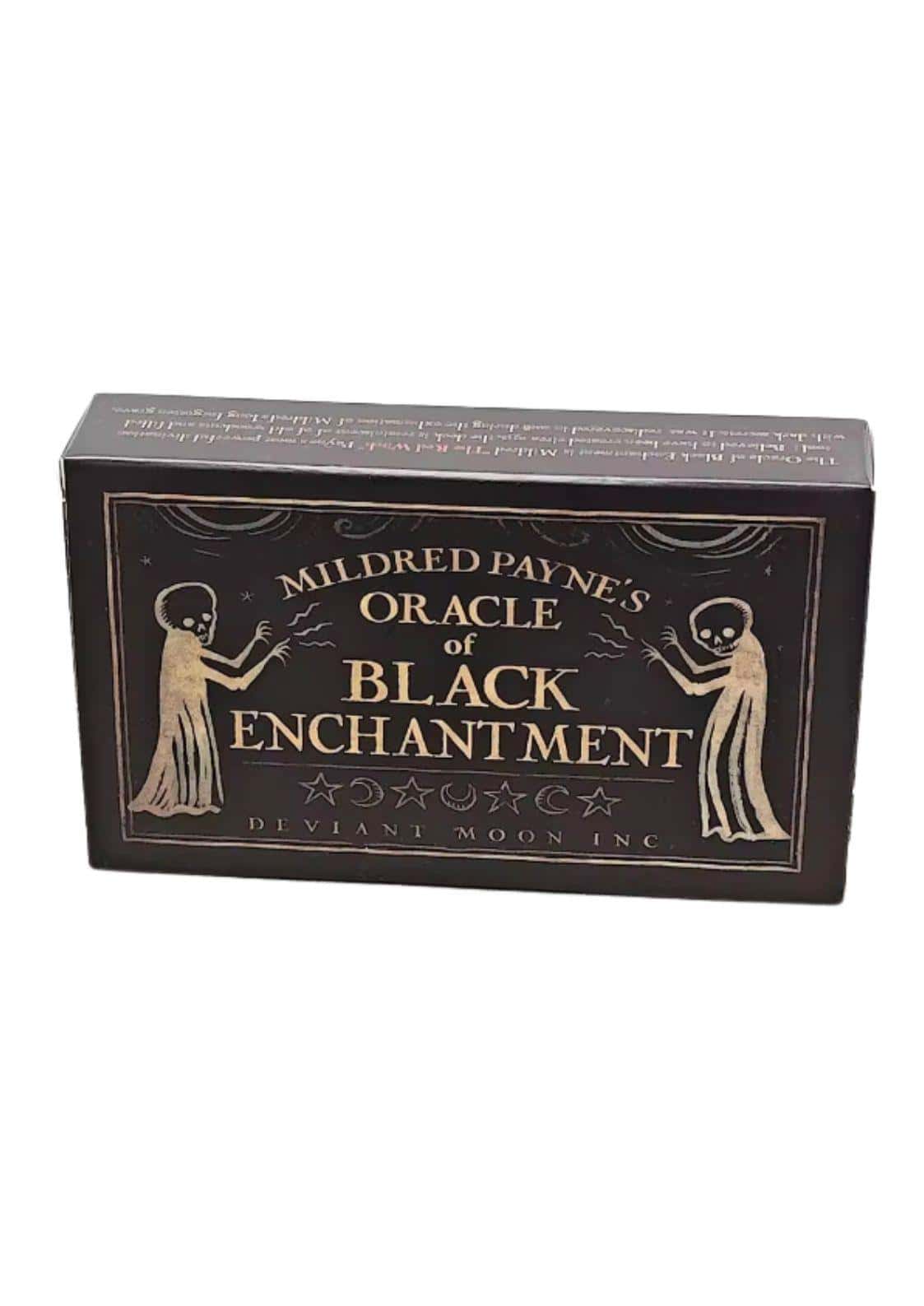 Schwarze rechteckige box mit goldener folie und zwei skelettfiguren für mildred paynes gothic horror tarotkarten von deviant moon inc