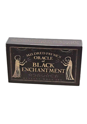 Schwarze rechteckige box mit goldener folie und zwei skelettfiguren für mildred paynes gothic horror tarotkarten von deviant moon inc