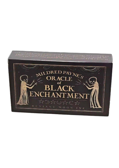 Schwarze rechteckige box mit goldener folie und zwei skelettfiguren für mildred paynes gothic horror tarotkarten von deviant moon inc