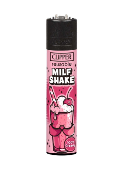 Rosa milf shake thema wiederbefüllbares clipper feuerzeug mit cartoon milchshake design und schwarzem oberteil für gothic kleidung fans