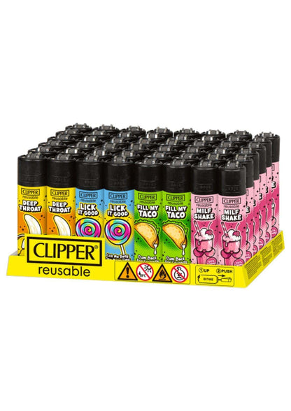 Vibrante clipper feuerzeuge mit essensmotiven in gelb blau grün und rosa ideal für gothic und dark fashion styles