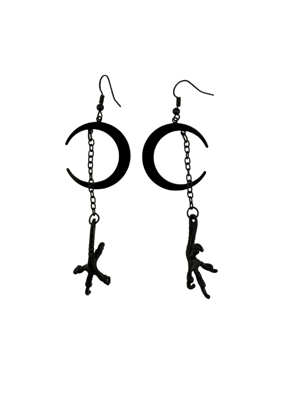 Schwarze Halbmond-Ohrringe mit Vogel- und Astanhängern, Metallkette