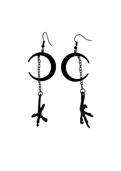 Schwarze Halbmond-Ohrringe mit Vogel- und Astanhängern, Metallkette