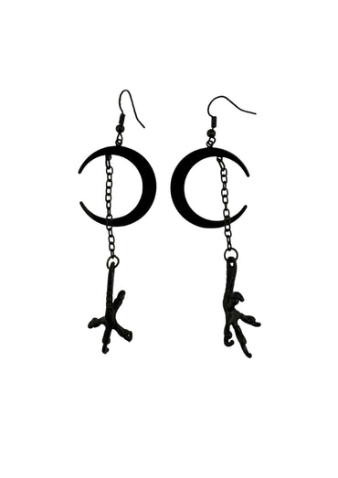 Schwarze moon claw ohrringe mit vogel und ast pendants an metallkette im gotischen horror stil