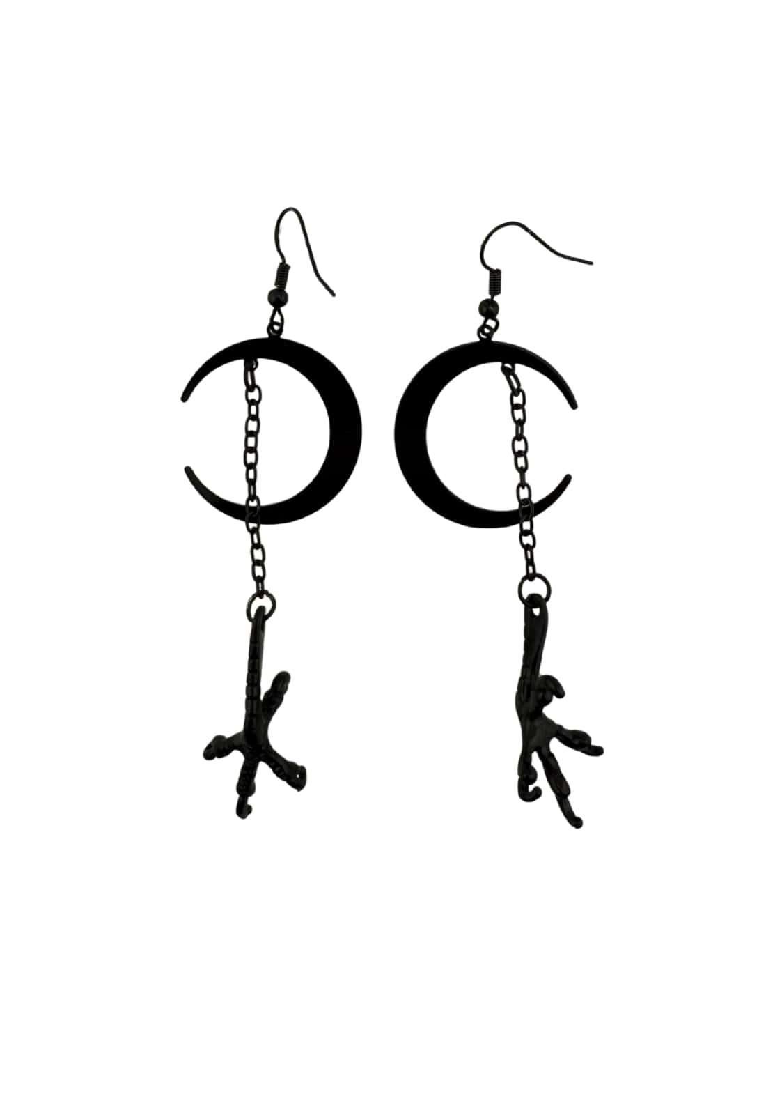 Schwarze Halbmond-Ohrringe mit Vogel- und Astanhängern, Metallkette