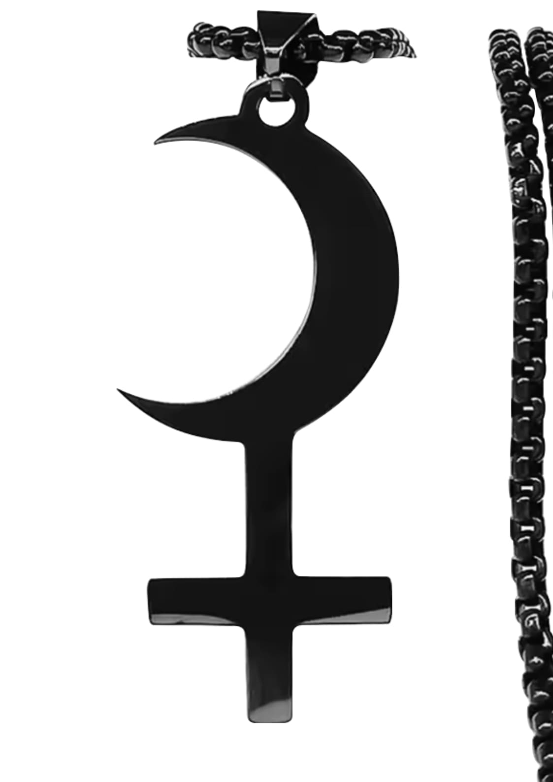 Schwarzes Moon Cross Black Pendant mit Frauensymbol, glänzend, an schwarzer Perlenkette