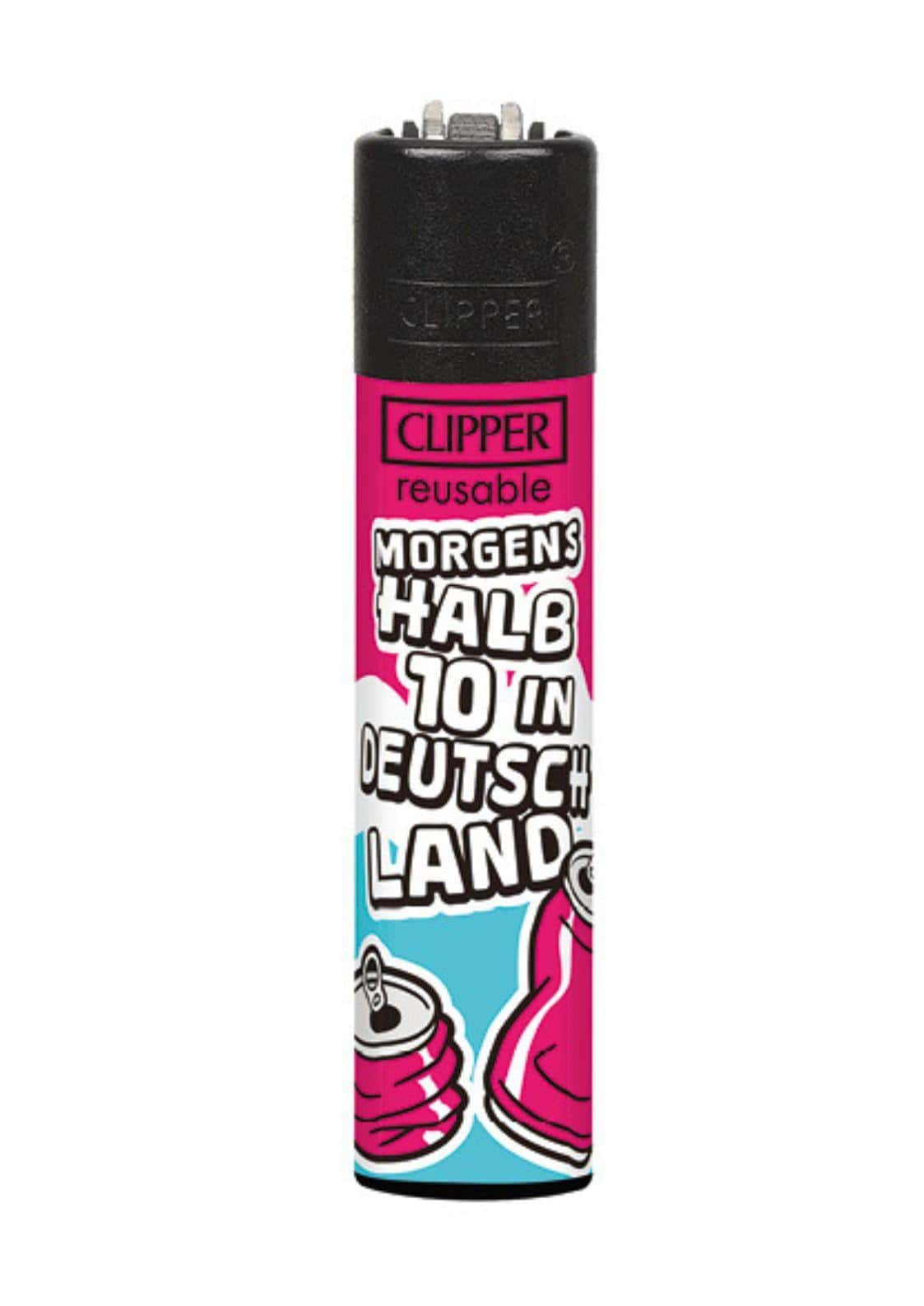 Ein nachfüllbares clipper feuerzeug in pink und teal mit schwarzen deckel und cartoon-dosen für gothic horror dark fashion fans