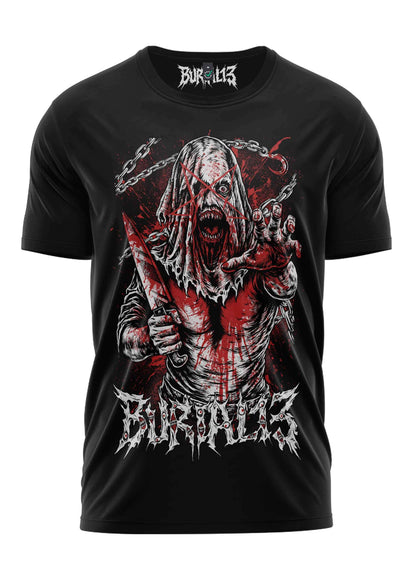 Schwarzes kurzarmshirt mors mantis burial 13 mit horror-grafik in rot und weiß für dark fashion und gothic t-shirt fans