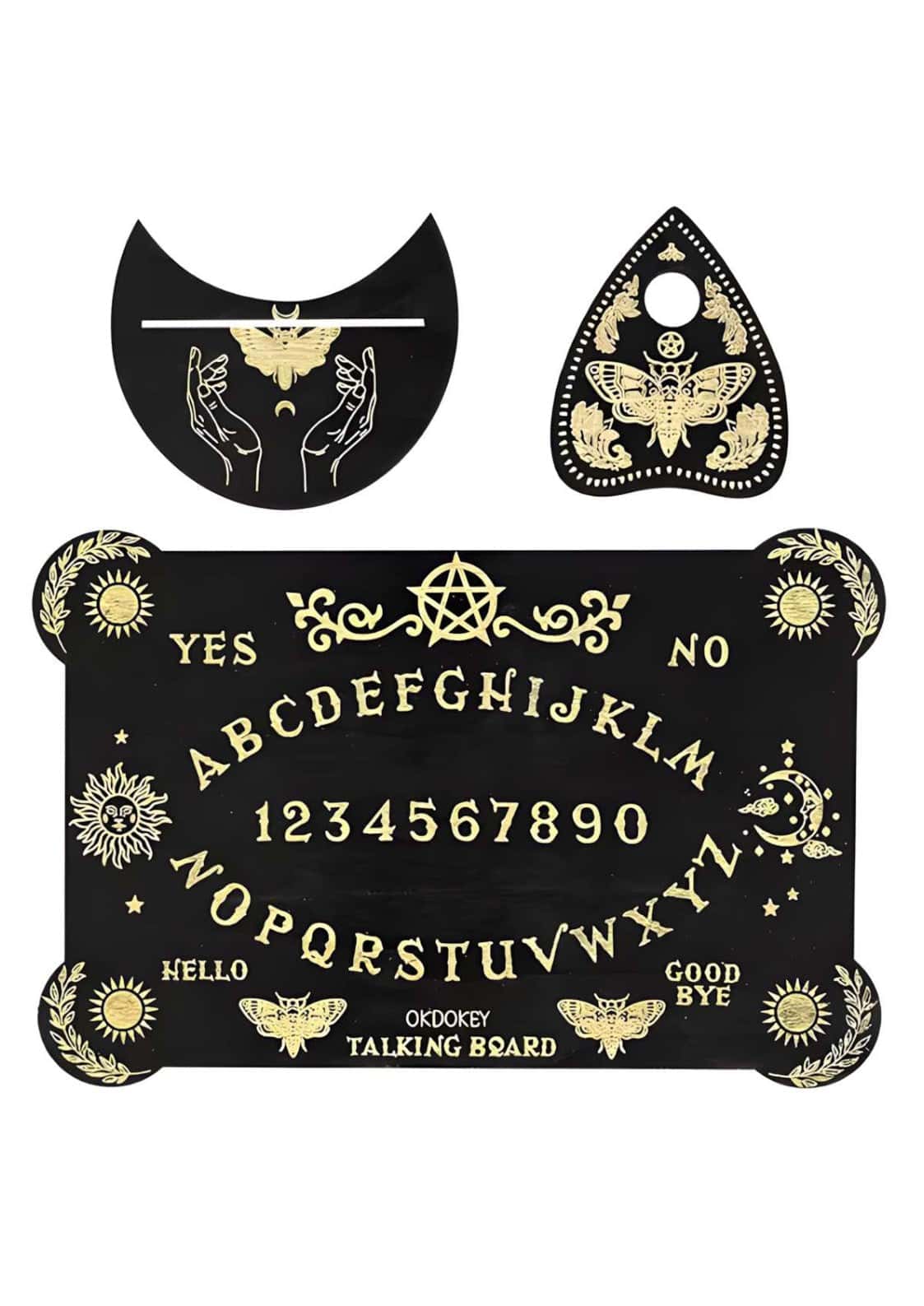 Black ockdokey motte ouija board mit tiefschwarzem design und goldfolienverzierung, mond und schmetterling motiv