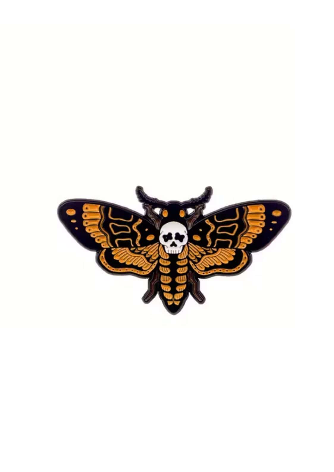 Schwarzer und oranger Motten-Pin mit weißem Totenkopf – Sensenmann klopft
