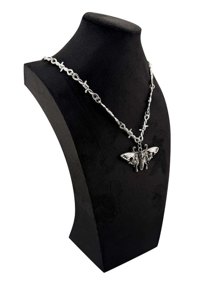 Silberne barbed wire kette mit detailliertem moth mit schädel anhänger düstere halskette vereint gotische halskette vereint