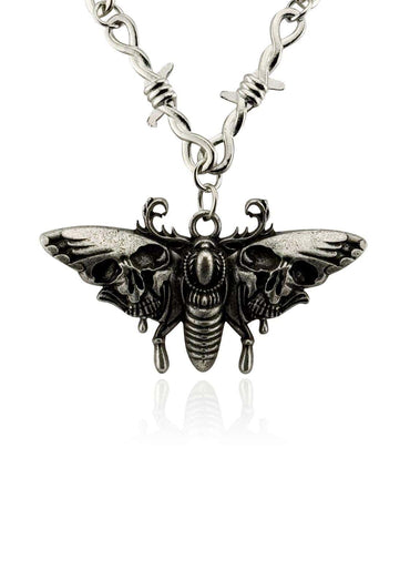 Silberne gotische halskette vereint moth mit schädel flügel mit barbed wire kette düstere halskette vereint