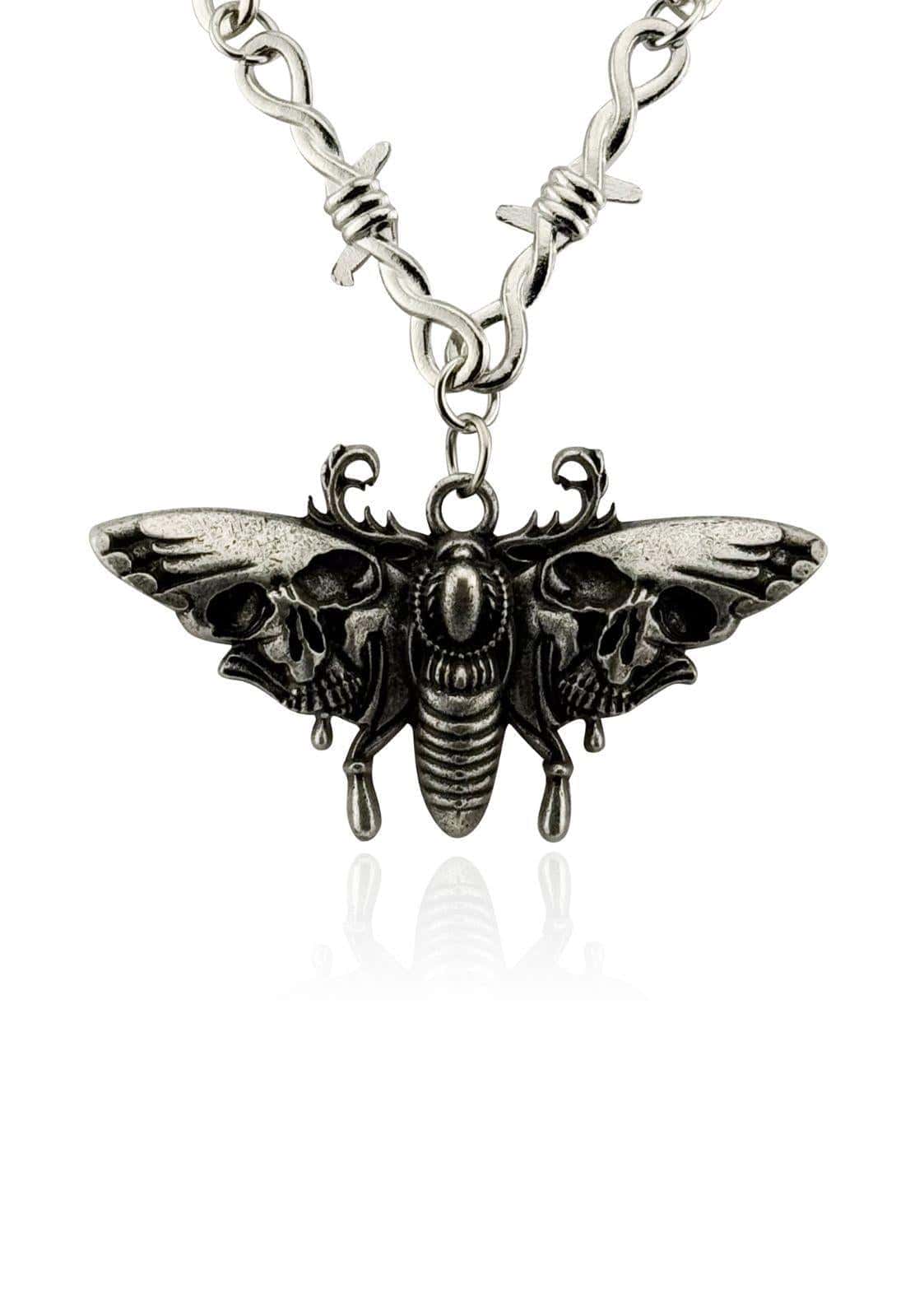 Silberne gotische halskette vereint moth mit schädel flügel mit barbed wire kette düstere halskette vereint