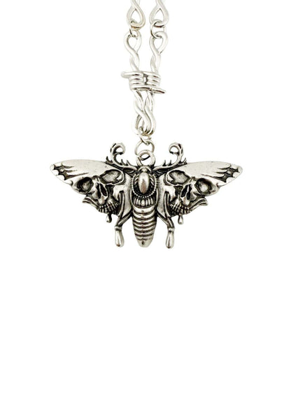 Silberne moth mit schädel halskette mit barbed wire und gedrehtem kettenband düstere halskette vereint