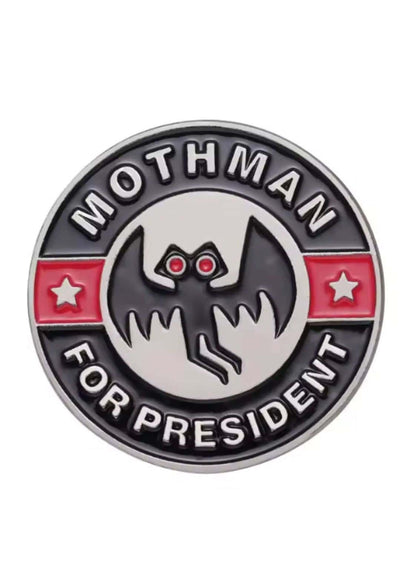 Mothman for president pin badge in black and red enamel metal featuring mothman design and for president text