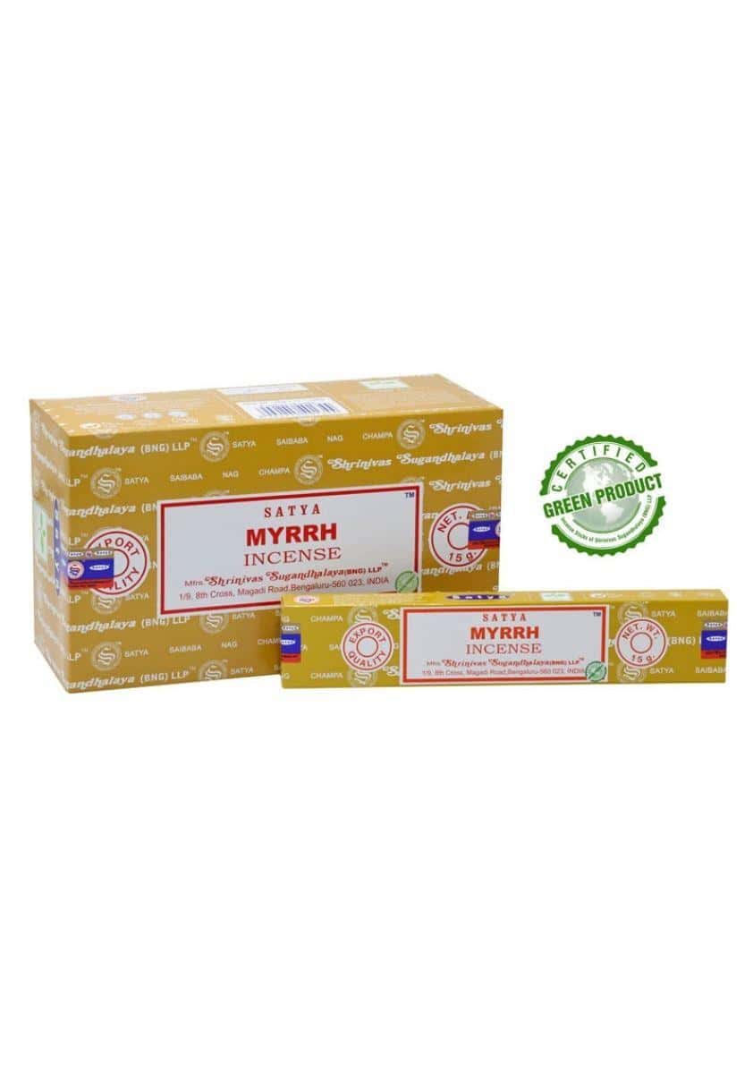 Gelbe kartonverpackung von satya myrrhe räucherstäbchen mit rotem und weißem etikett für gothic und horror fans