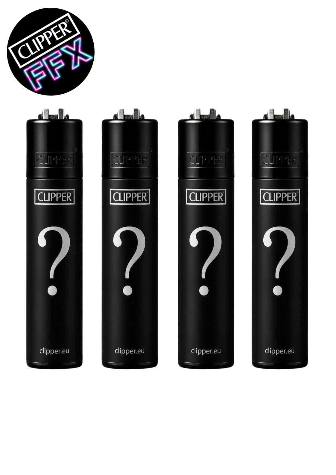 Vier schwarze originale clipper feuerzeuge mit silbernem fragezeichen design aus der mystery clipper wundertüte