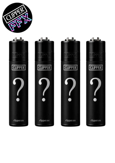 Vier schwarze originale clipper feuerzeuge mit silbernem fragezeichen design aus der mystery clipper wundertüte