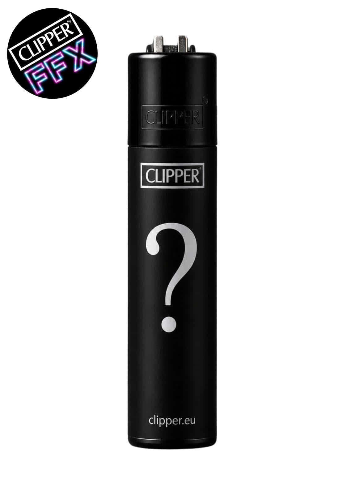 Schwarzes clipper feuerzeug nachfüllbar mit mattem finish und silbernem fragezeichen als mystery clipper feuerzeug design