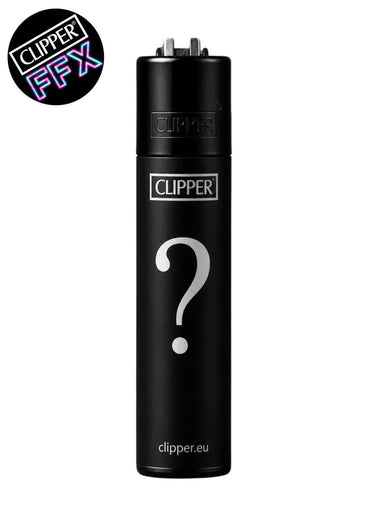 Schwarzes clipper feuerzeug nachfüllbar mit mattem finish und silbernem fragezeichen als mystery clipper feuerzeug design
