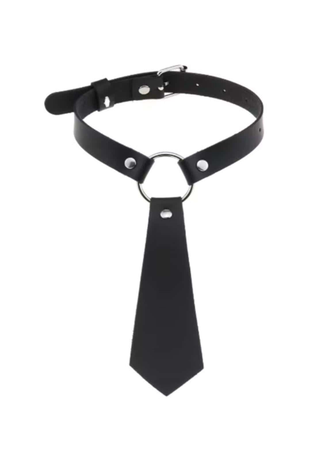 Schwarzer faux leather slave choker mit necktie und silbernem o ring als spike slave choker