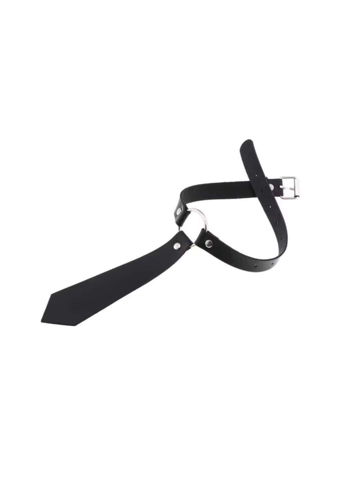 Black faux leather necktie o ring choker with silver metal buckle and ring spike slave choker restraint