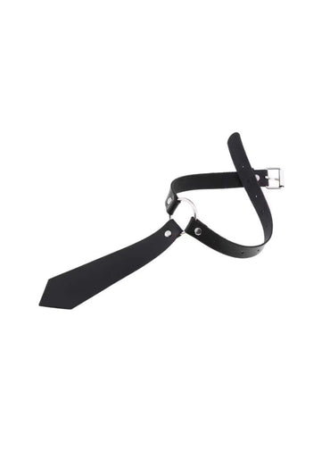 Black faux leather necktie o ring choker with silver metal buckle and ring spike slave choker restraint