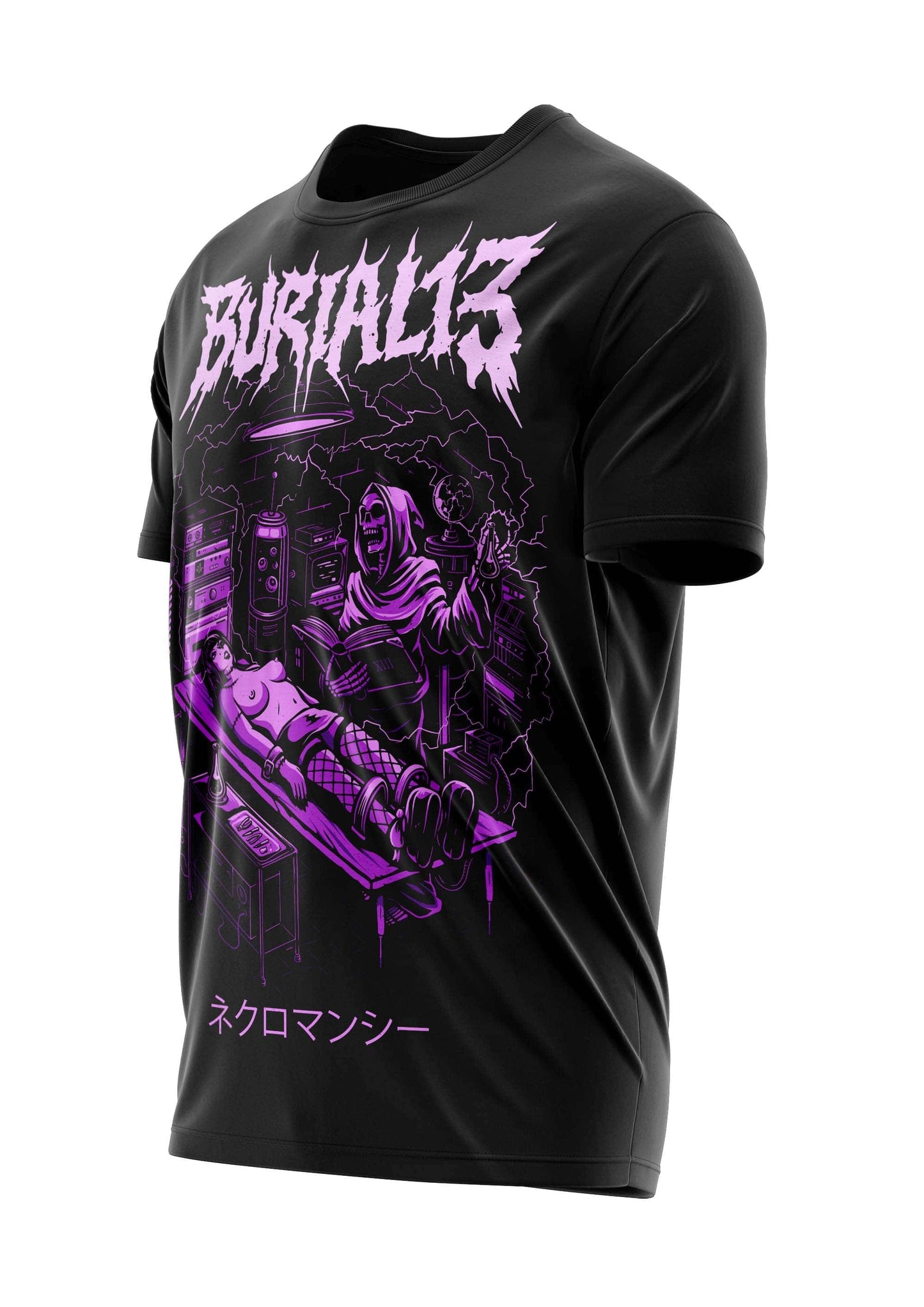 Schwarzes schweres unisex t-shirt mit lila burial13 grafik und japanischem text aus strapazierfähigem stoff in weicher qualität
