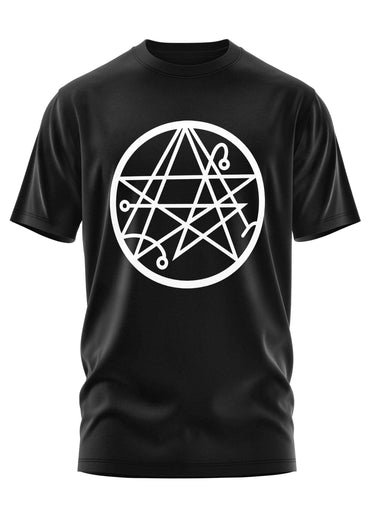 Schwarzes kurzarm-shirt necronomicon mit weißem pentagramm im kreis gothic horror bitte motiv