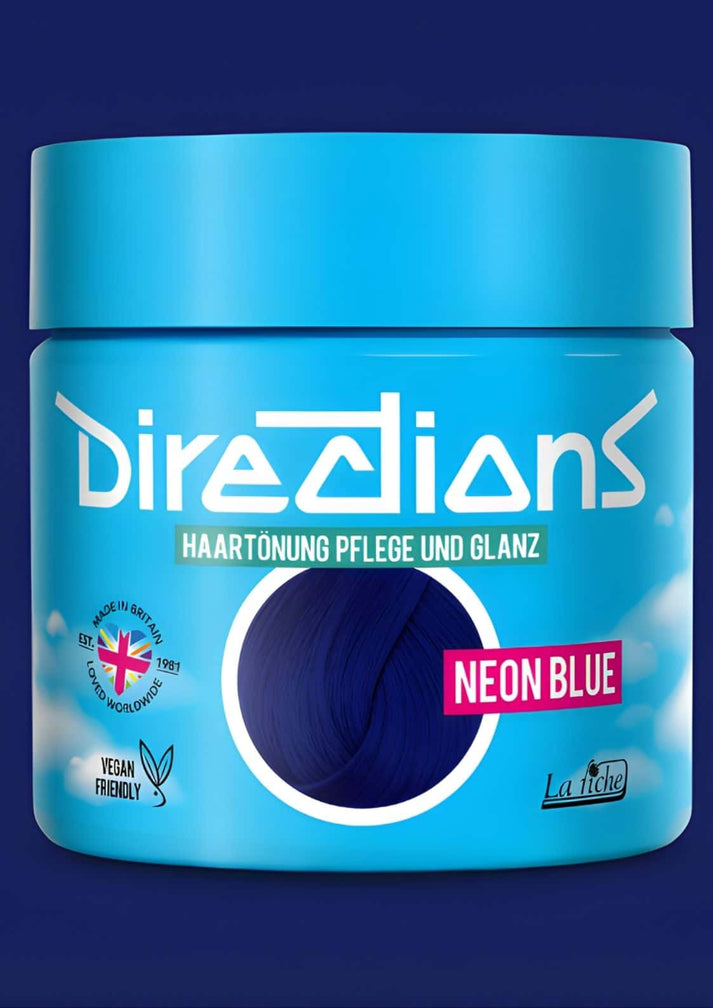 Neon blau directions haarfarbe 100ml in einem leuchtend blauen zylinder für blondiertes haar mit sichtbarem farbfenster