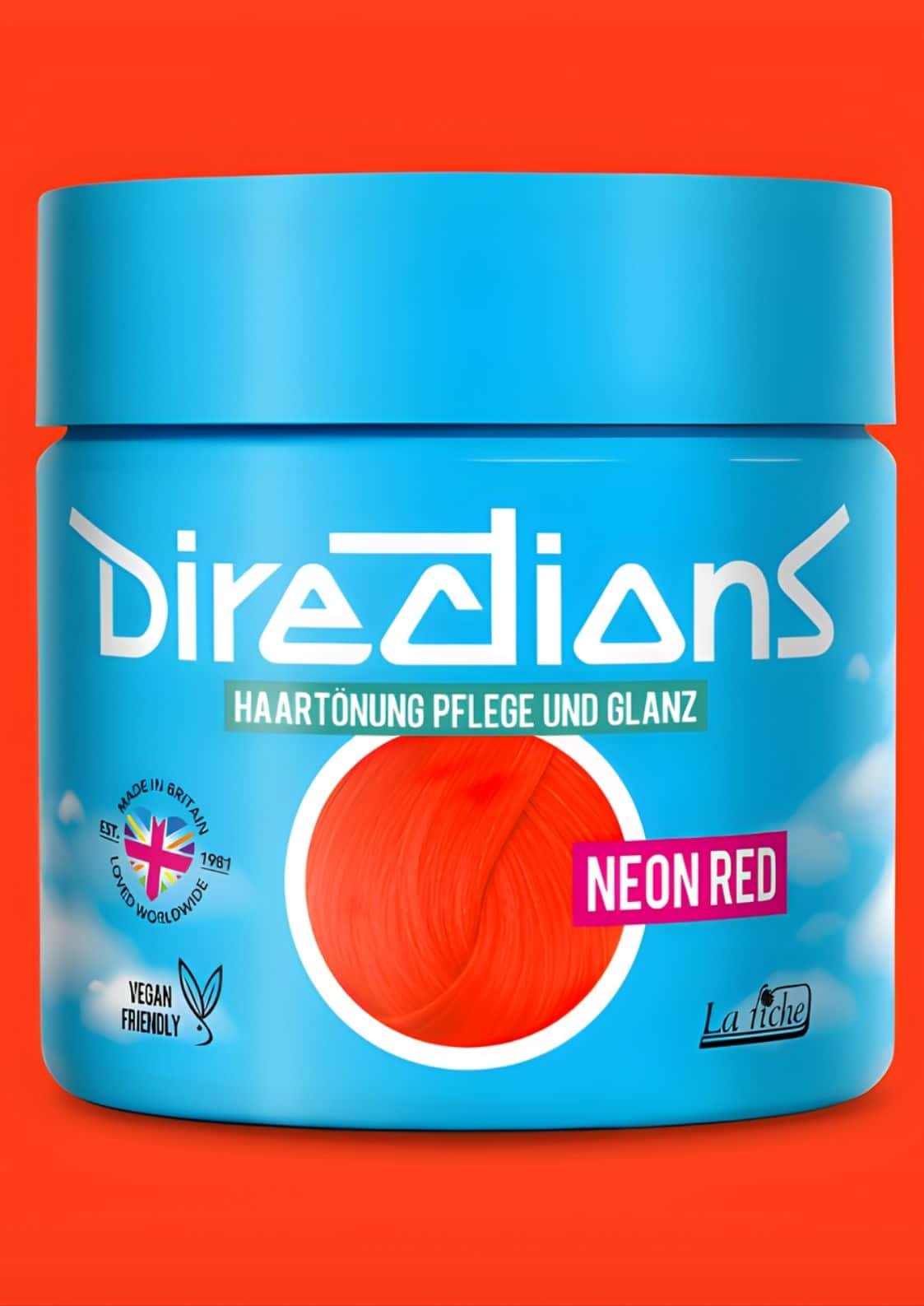 Neon red directions 100ml haartönung in einem blauen zylinder mit extrem leuchtendes neonrot für maximale farbintensität