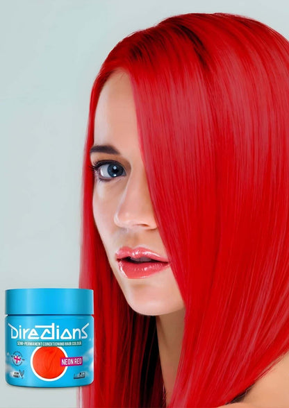 Neon red directions 100ml haartönung in blauem behälter mit extrem leuchtendem neonrot und maximaler farbintensität