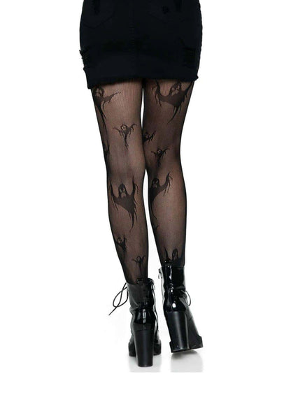 Netzstrumpfhose schwarz mit düsteren akzenten und einem floralen muster aus geister-silhouetten