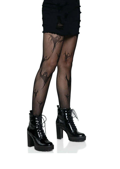 Netzstrumpfhose schwarz mit düsteren akzenten und einem mustert aus stilisierten geistern aus schwarzem chiffon