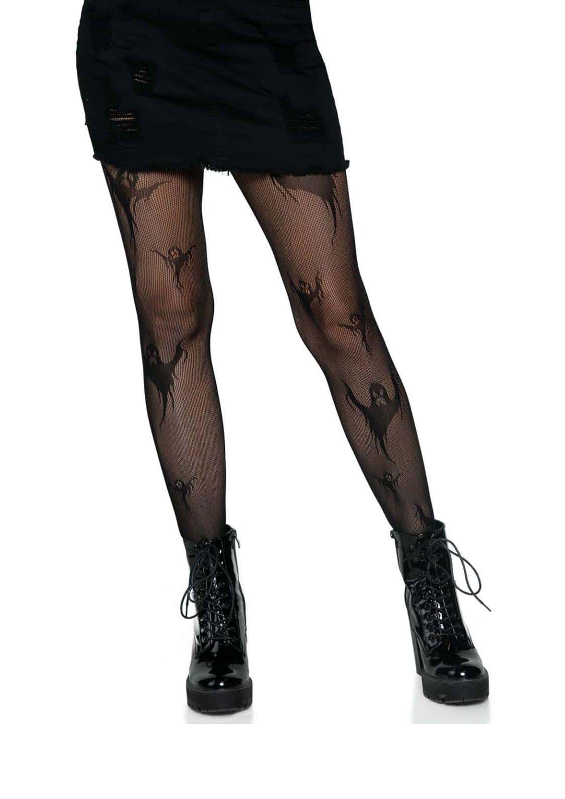 Netzstrumpfhose schwarz ghost aus schwarzem chiffon mit düsteren akzenten und stylisierten gespenster mustern